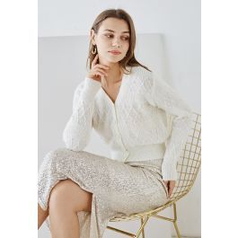 Diamond Texture Pearl Decor Knit Cardigan in White | Chicwish