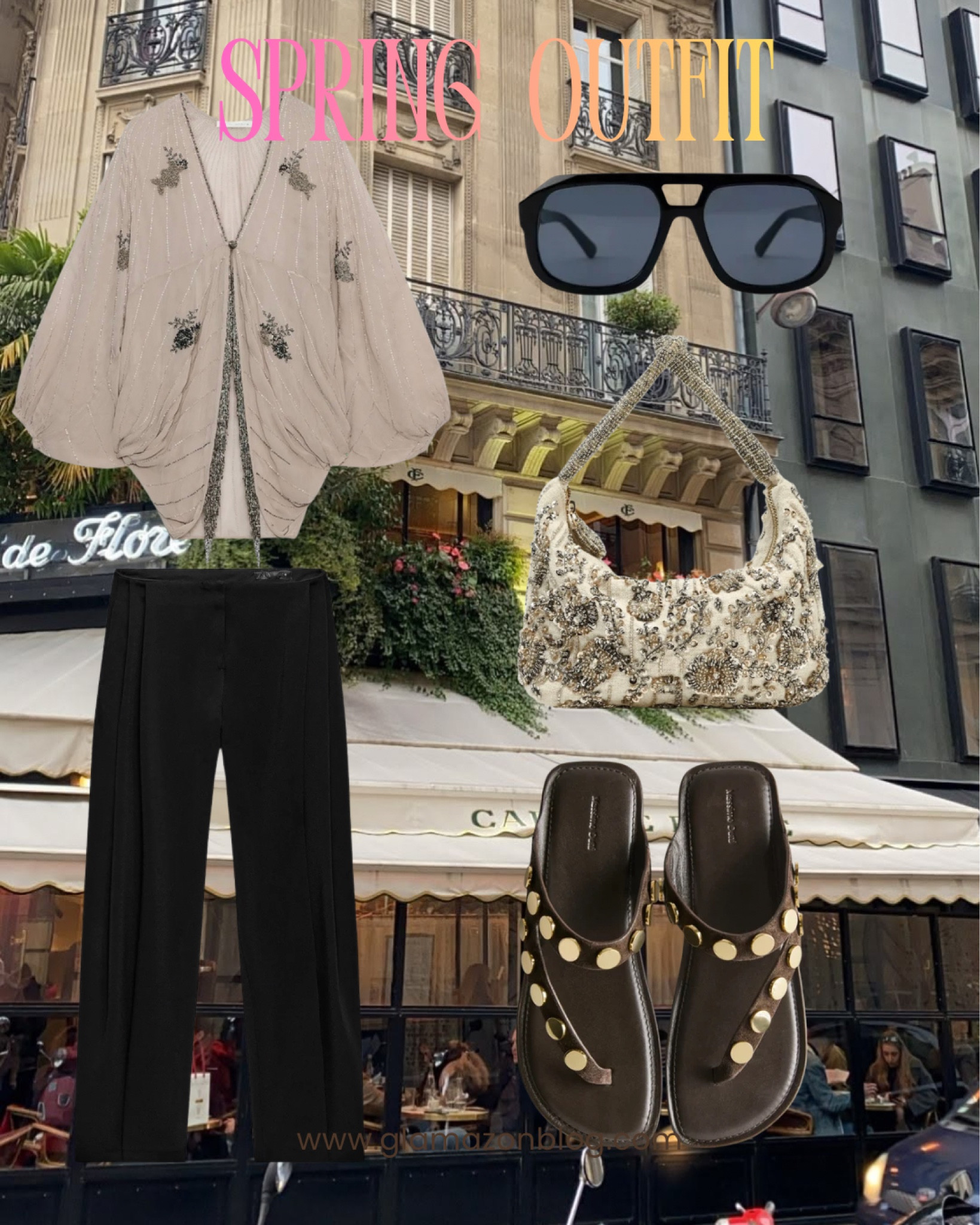 Spring outfit, holiday outfit, beaded bag, aviator sunglasses, black trousers, holiday blouse 

#LTKspring #LTKsummer #LTKuk