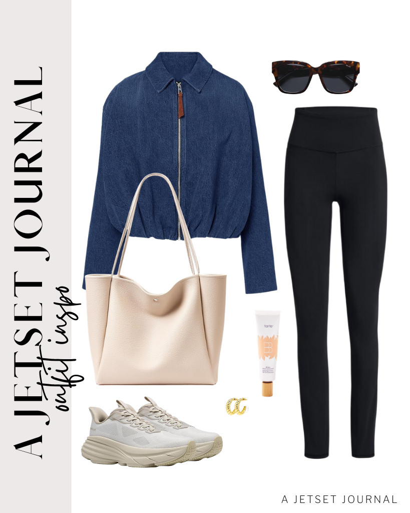 The sleek texture of leggings pairs well with the structured denim. For this navy blue denim jacket and black leggings, I paired them with walking shoes and a KALIDI leather tote bag. Apply a bit of Tarte BB moisturizer, too. 

 #LTKSeasonal #LTKSaleAlert #LTKTravel