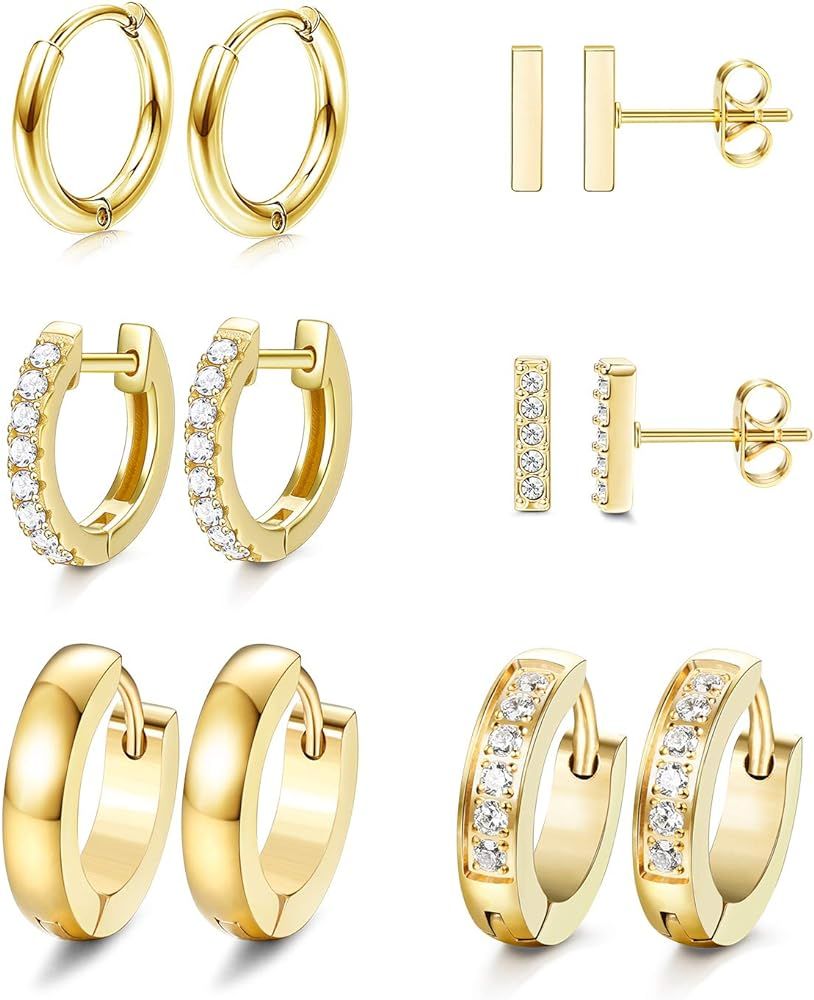 JOERICA 6 Pairs Hoop Huggie Earrings for Women Girls Minimalist Cuff Mini Bar Stud Earrings Gold ... | Amazon (US)