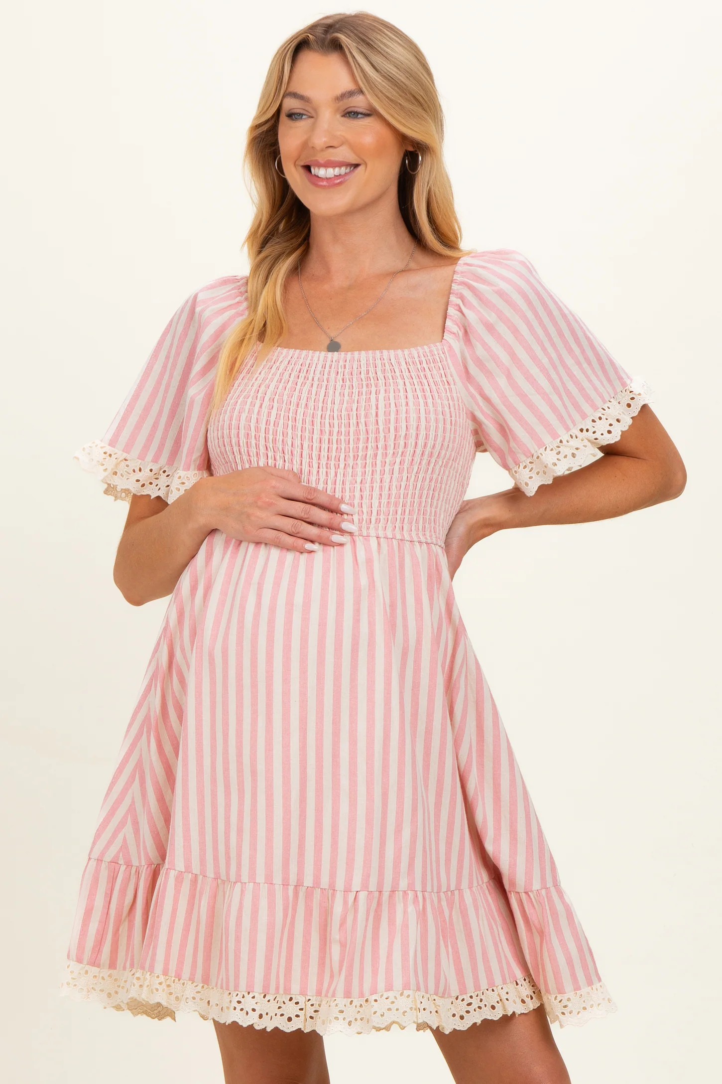 Light Pink Striped Smocked Lace Trim Maternity Dress | PinkBlush Maternity