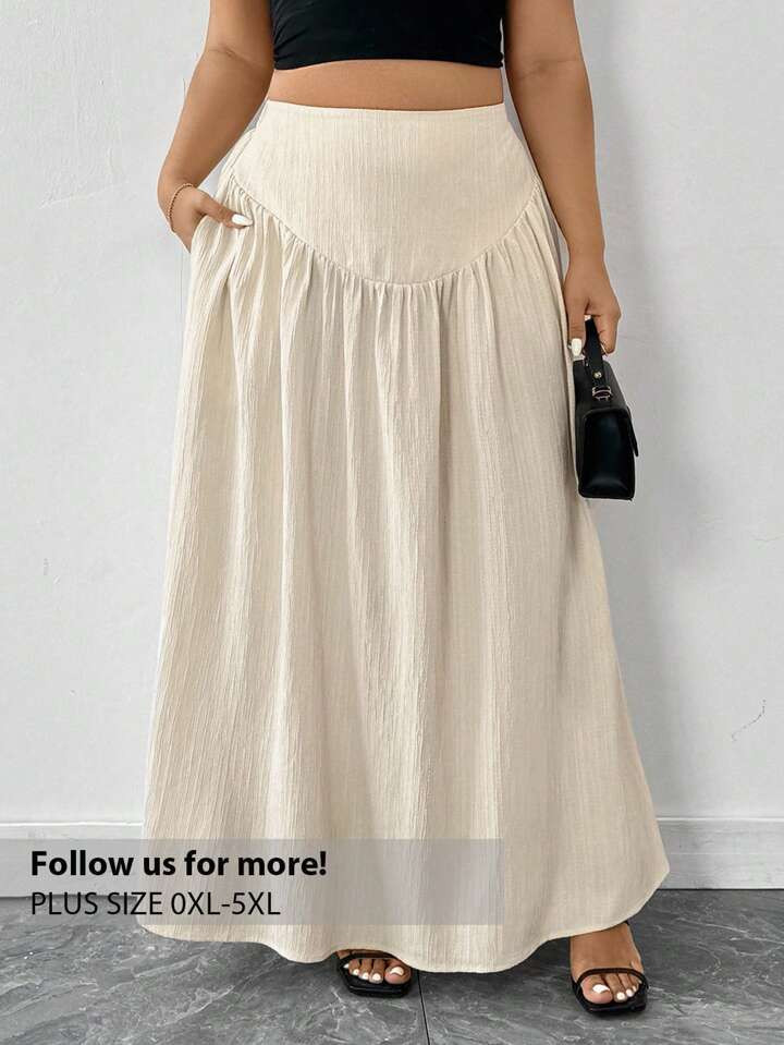 Firerie Plus Size Women's Elegant Vintage Romantic Ruched High Waist A-Line Skirt, Apricot Color, With Real Pockets, Suitable For Beach Vacation, INS Style | SHEIN