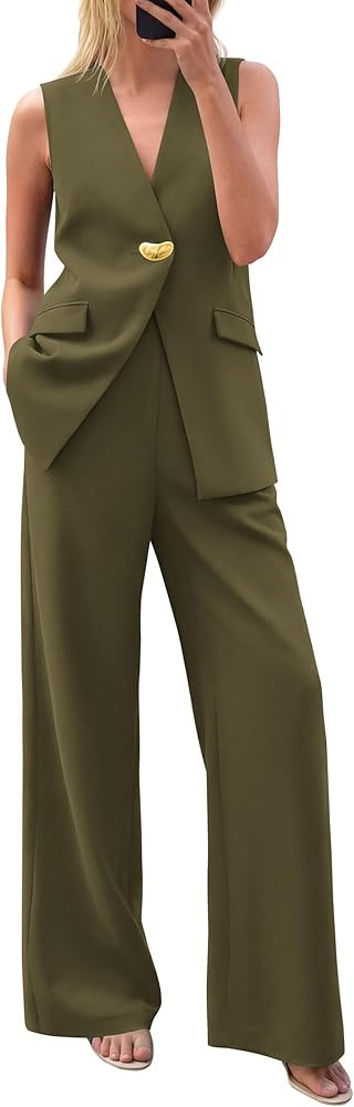 KIRUNDO Pant Suits for Women Dressy 2 Piece Sets Sleeveless Blazer Vest Wide Leg Matching Pantsui... | Amazon (US)