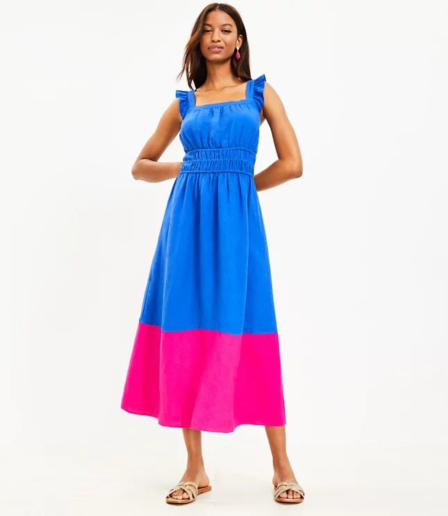 Colorblock Ruffle Strap Square Neck Midi Dress | LOFT