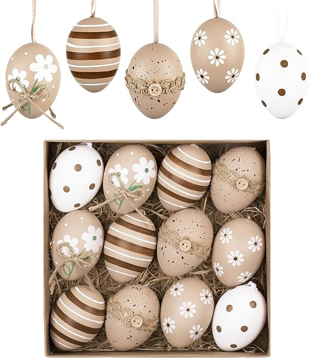 Valery Madelyn 12Pcs Plastic Easter Eggs Ornaments Tree Decoration, 2'' Beige White Easter Eggs B... | Amazon (US)