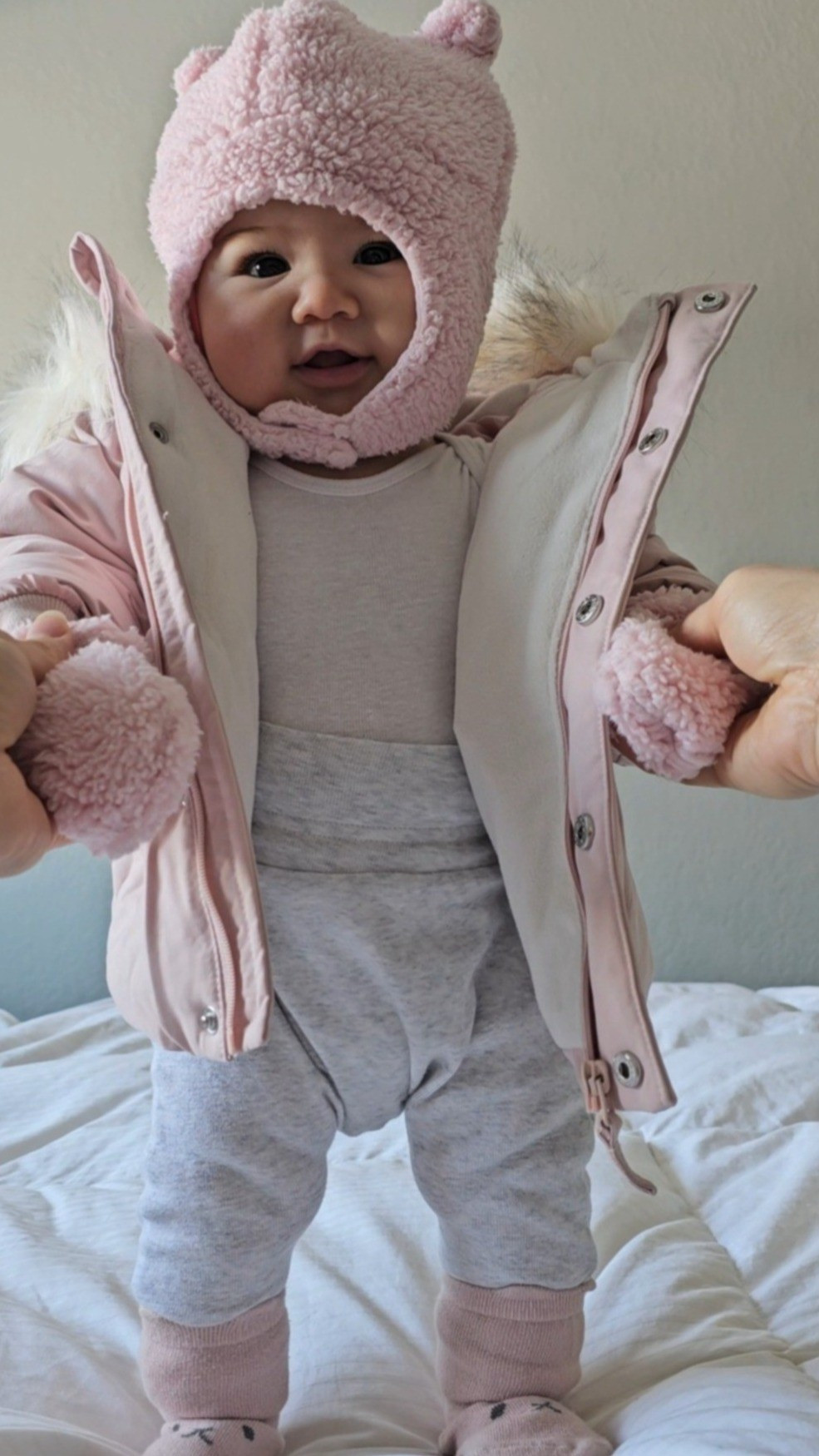 Baby puffer jacket, long sleeve onesie, baby joggers, baby grip socks, baby hat and mittens set

#LTKgrwm #LTKootd #LTKBaby