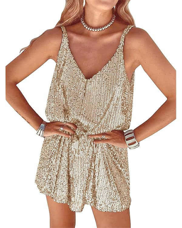 Women Sequin Sexy V Neck Shift Dress Sparkly Glitter Sleeveless Short Flowy Loose Party Night Out... | Amazon (US)