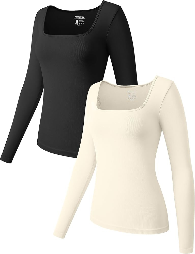 OQQ Women's 2 Piece Tops Long Sleeve Square Neck Stretch Fitted Underscrubs Layer Tee Shirts Tops | Amazon (US)