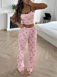 Sanrio 2pcs Hello Kitty Women Camisole Printed Crop Top + Straight Elastic Waist Pants Pajama Set | SHEIN