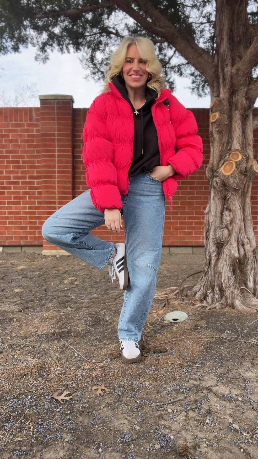 Outfit of the day featuring walmart + target 🎯 
Bubble hem Sweatshirt TTS
Jacket TTS
Levi cinch waist barrel jeans 👖//size up one 
Adidas fits tts 

#LTKOver40 #LTKmomlife