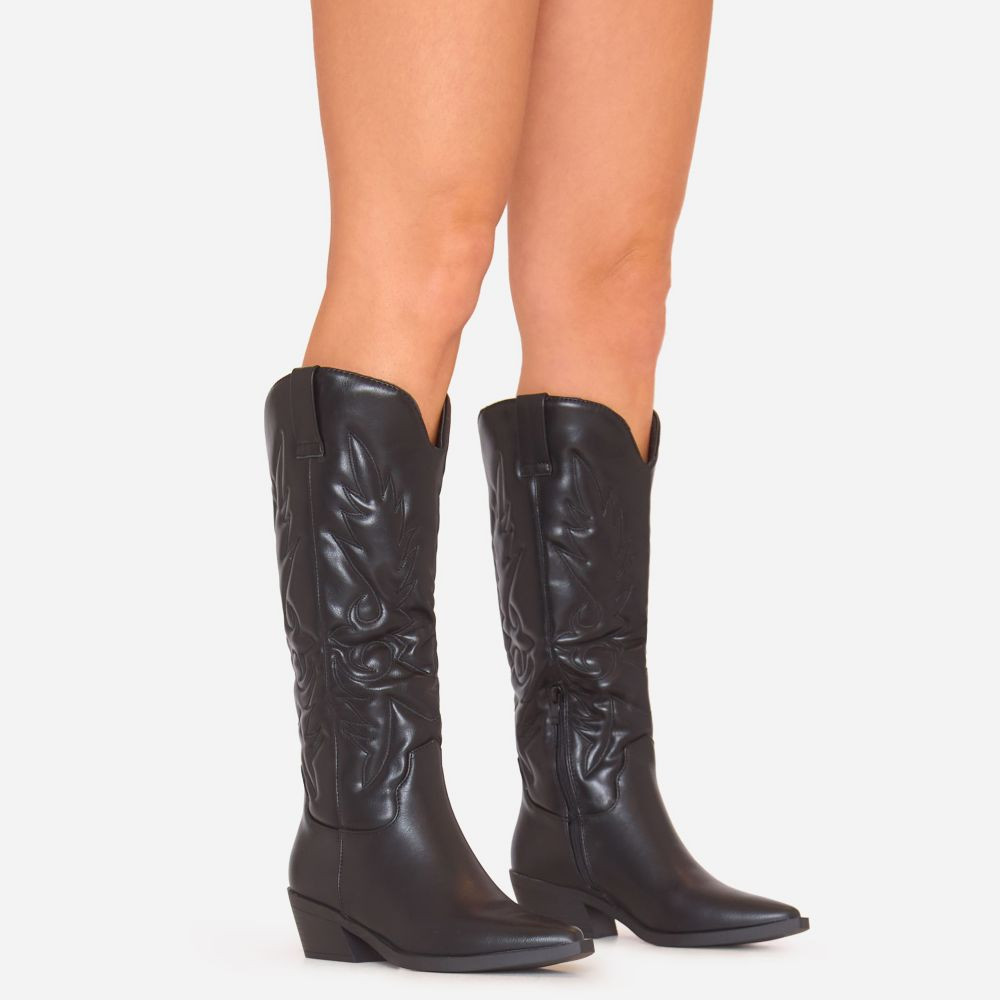 Anna Embroidered Detail Knee High Long Western Cowboy Boot In Black Faux Leather | EGO (UK)