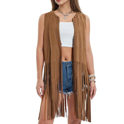 Women's Fringe Vest 70s Hippie Costume Faux Suede Sleeveless Tassel Long Cardigan Jacket Cowgirl Western Tops Halloween Khaki | Amazon (US)