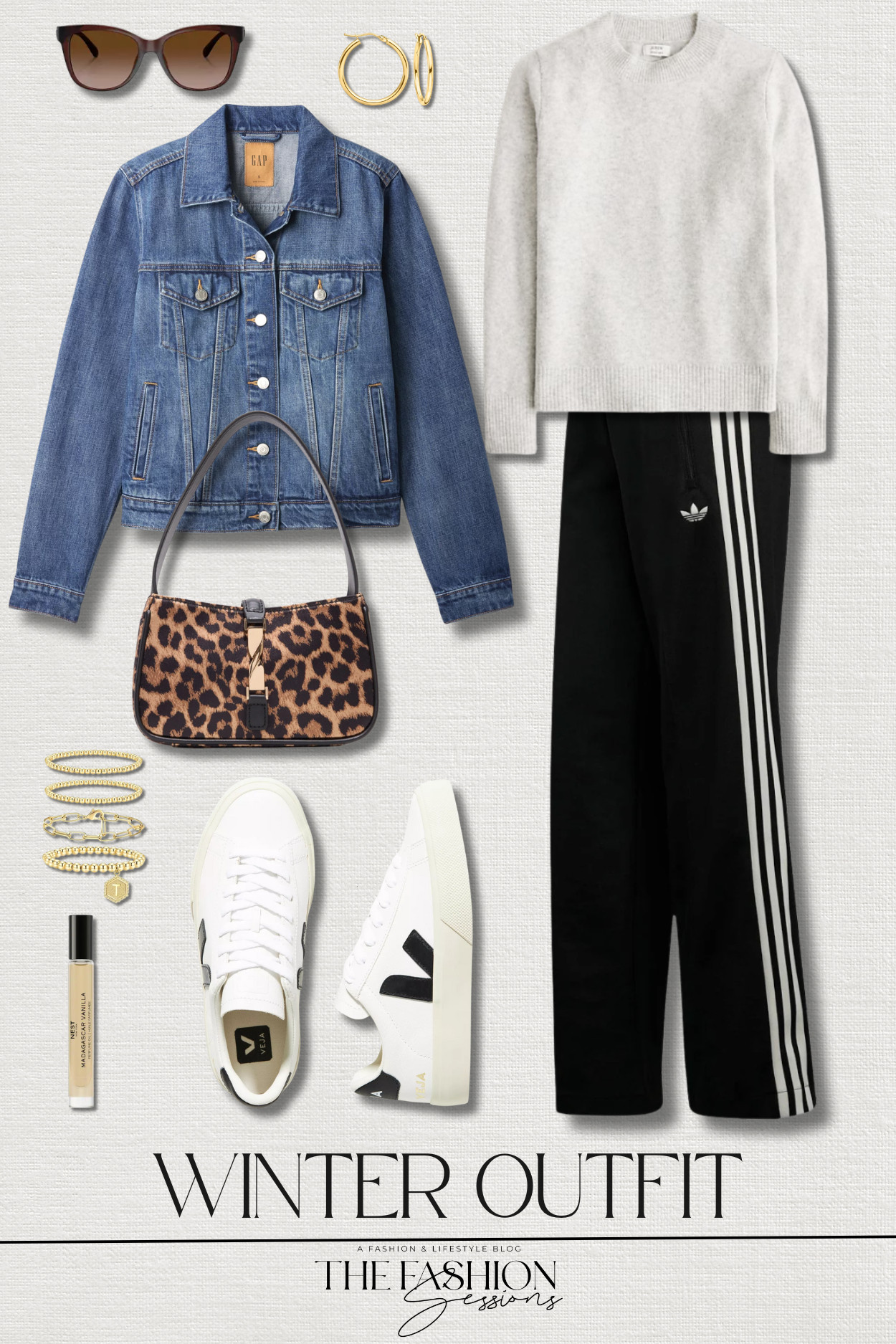 Casual winter outfit inspo.
adidas classic track pant | gap icon denim jacket | j crew extra soft crewneck sweater | veja campo leather sneakers | coach signature heart oversized square sunglasses | abrille shoulder bag | nest madagascar vanilla perfume | gold  beaded bracelet stack | gold hoop earrings | shopping outfit | trendy mom outfit | casual outfit 

 #LTKootd #LTKSaleAlert #LTKFindsUnder100