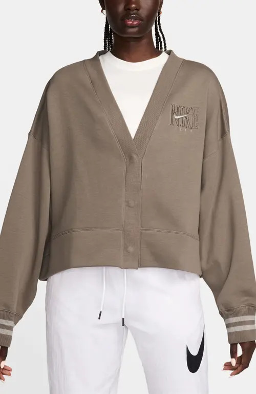 Nike Sportswear Phoenix Embroidered Oversize Fleece Cardigan in Mink Brown at Nordstrom, Size X-Small | Nordstrom