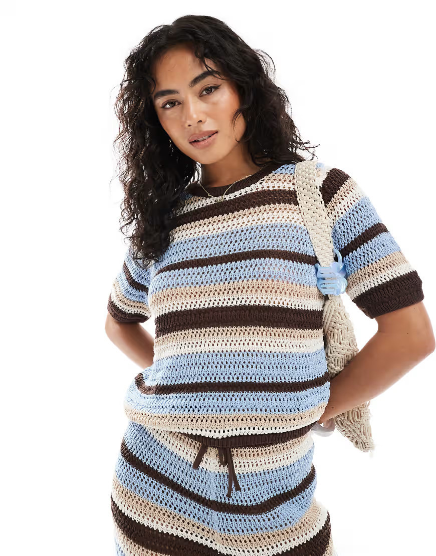 ASOS DESIGN crochet knit boxy t-shirt co-ord in blue and brown stripe-Multi | ASOS (Global)