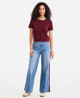 On 34th Women's High-Waisted Wide-Leg Suede Side-Stripe Jeans, Regular & Short, Macy's Exclusive - Chester Wash | Macy's