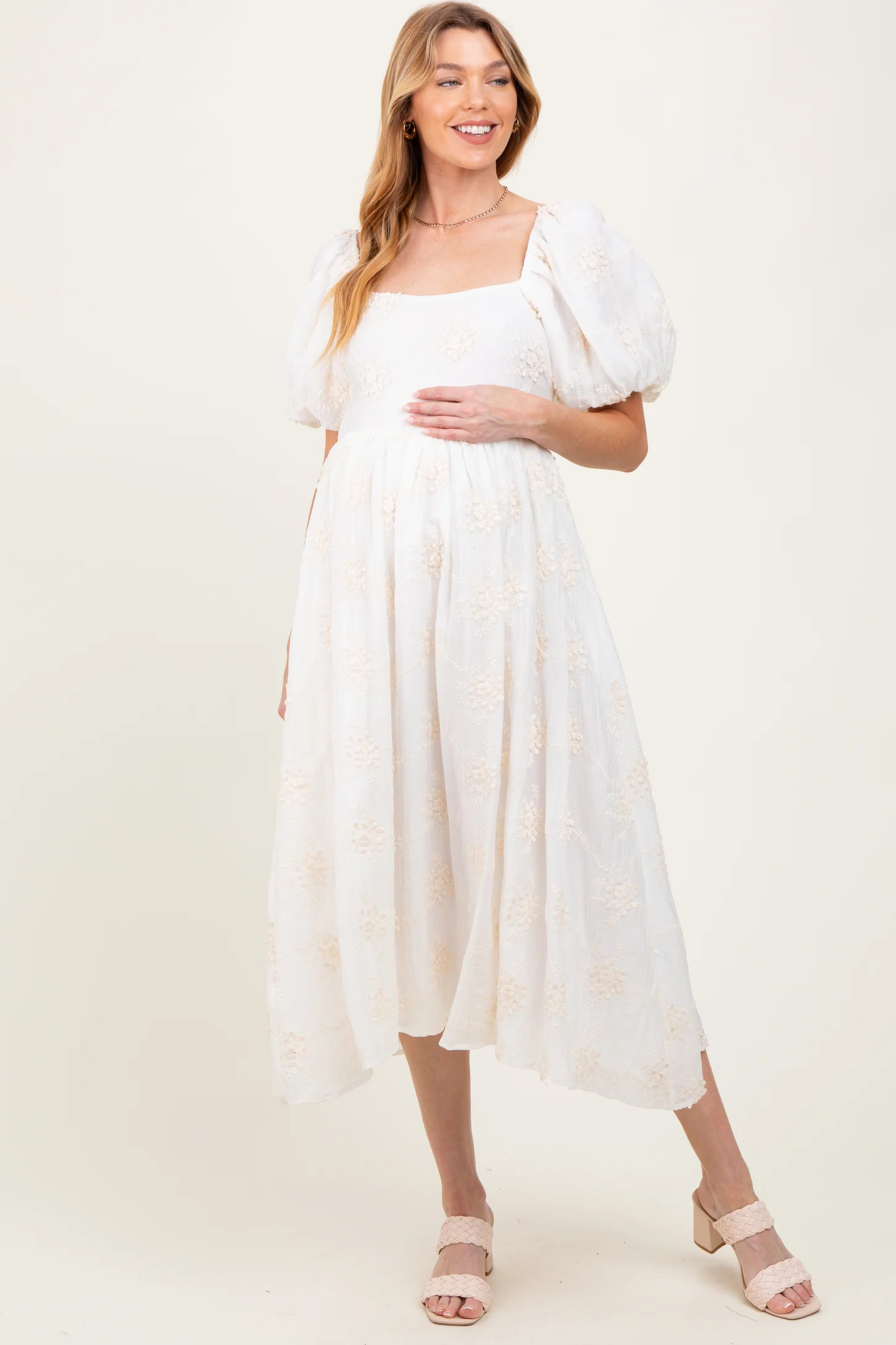 White Textured Maternity Midi Dress | PinkBlush Maternity