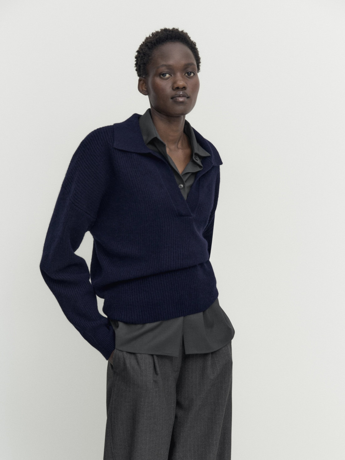 Purl-knit polo sweater | Massimo Dutti UK