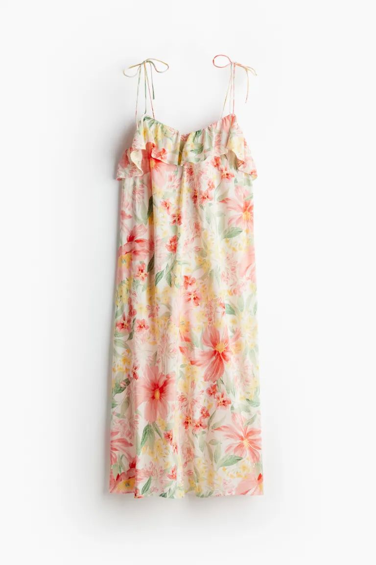 Flounce-trimmed Camisole Dress - V-neck - Sleeveless - Bright yellow/patterned - Ladies | H&M US | H&M (US + CA)