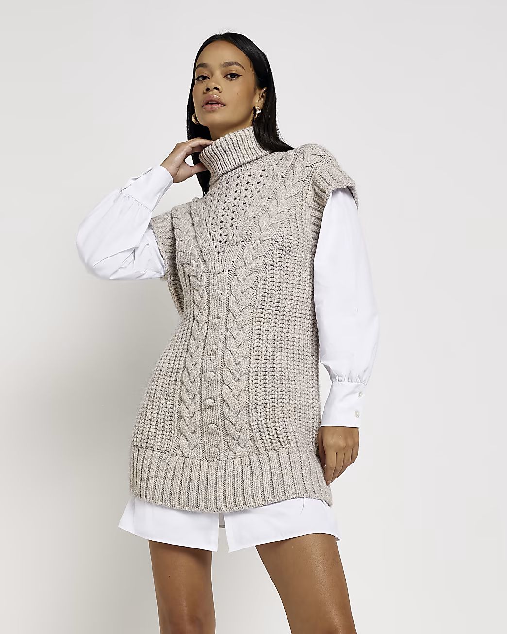 Beige cable knit mini jumper shirt dress | River Island (UK & IE)