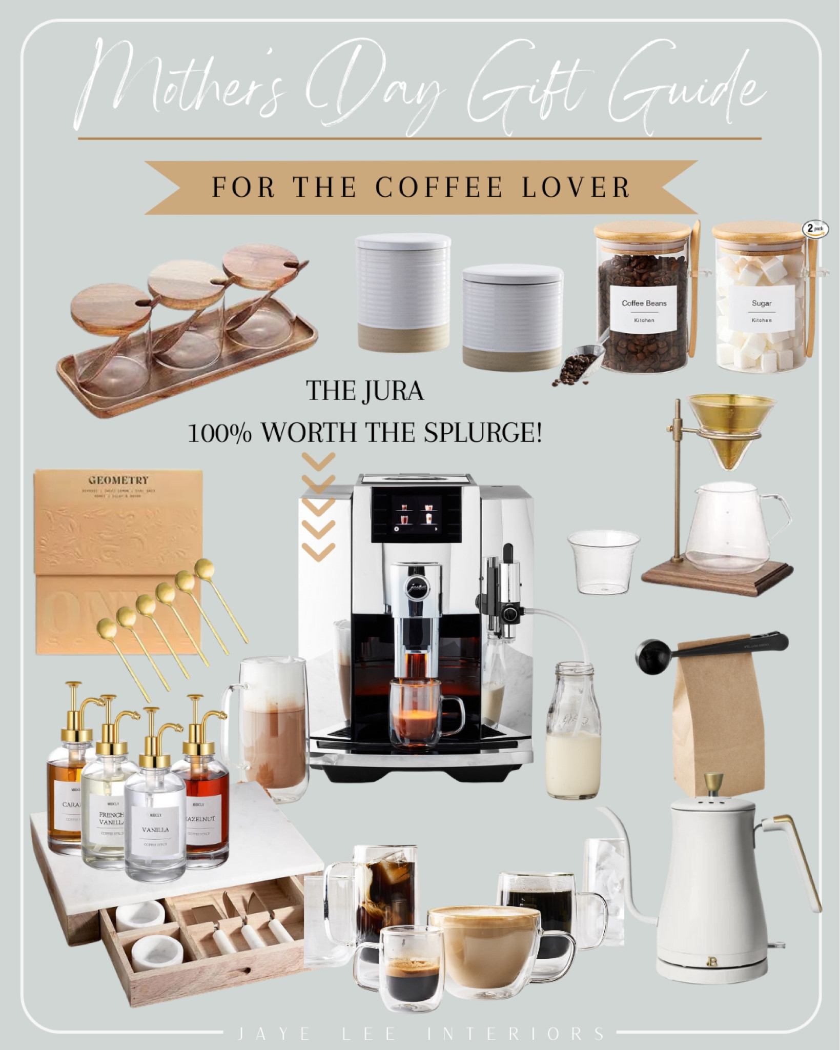Mother’s Day gift guide for the coffee loving mama! 
The Jura is the ultimate splurge that you will never regret! I’ve had mine for 5 years now, with no issues, and it makes my day, every day! Coffee, espressos, lattes, americanos, it does it all with the touch of a button! Don’t forget all the coffee bar accoutrements to help set the at-home barista vibe! 
#CoffeeBar #CoffeeLover #CoffeeMama #CoffeeMugs #EspressoMachine #Jura #PourOverCoffee #FlavoredSyrupDispenser #DrewBarrymore #Kettle #Storage #KitchenOrganization #Mother’sDay #Mother’sDayGifts #Mother’sDayGiftGuide #GiftsForHer 

#LTKGiftGuide #LTKhome