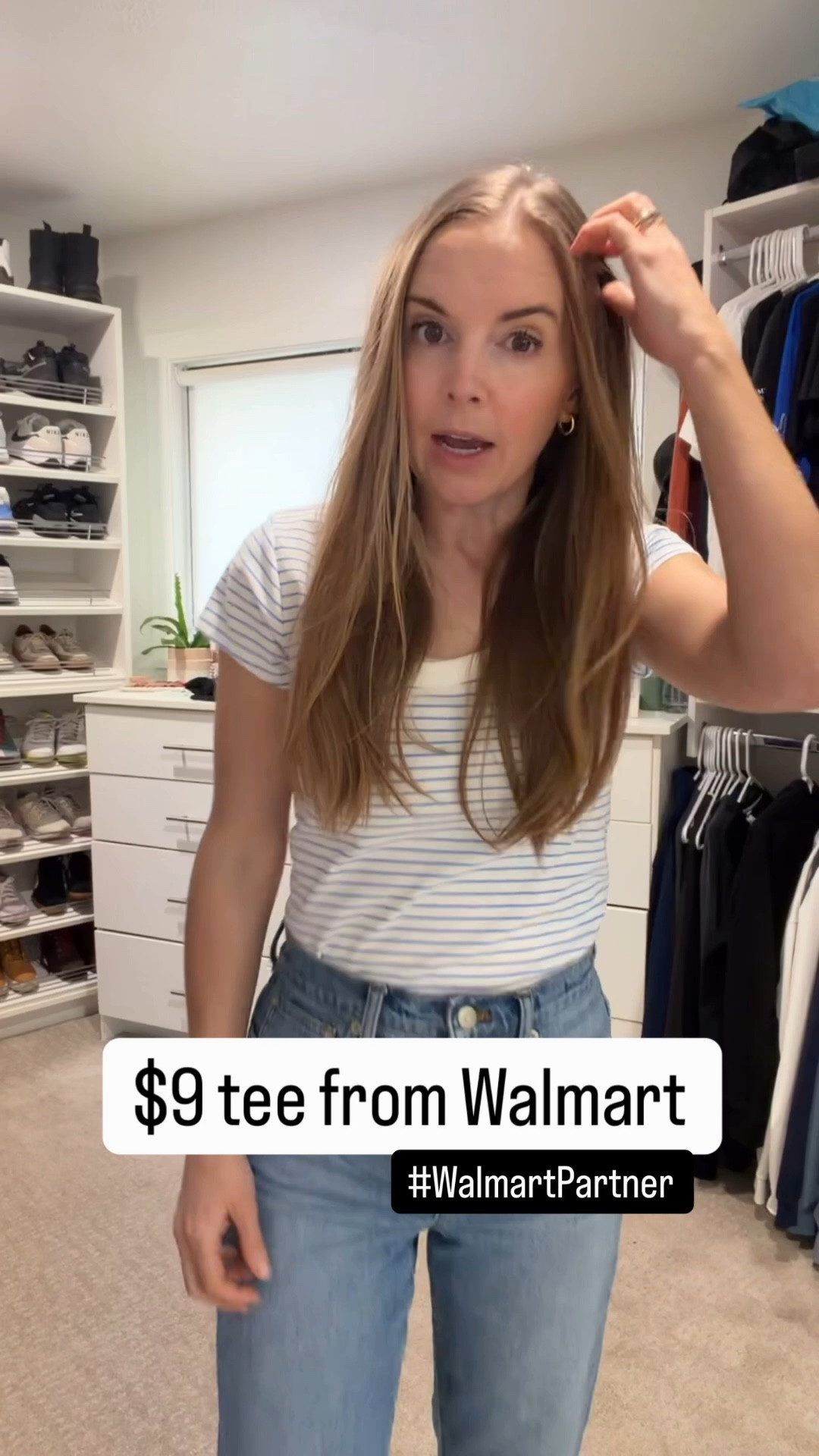I wore this $9 striped tee in a reel this week and got so many messages asking for the link! #WalmartPartner #WalmartStyle @walmartstyle 