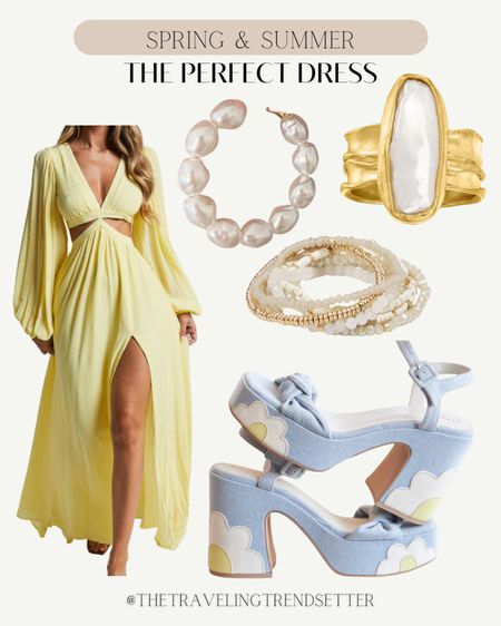 
Summer and spring dress, yellow maxi dress, cut out pearls pearl bracelet, pearl earrings, rings, gold heels, wedding guest dress, graduation dress and dress travel, vacation, beach, music festival, baby shower, bridal shower engagement photos western Nashville music country concert outfit 

#LTKSeasonal #LTKFindsUnder50 #LTKFestival