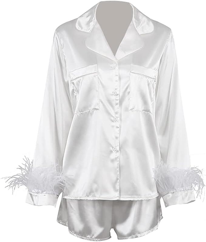 Rmasyea Women Satin Pajamas Set 2pcs Silk Cami Shorts Nighwear Party Sleepwear with Feather Trim | Amazon (US)