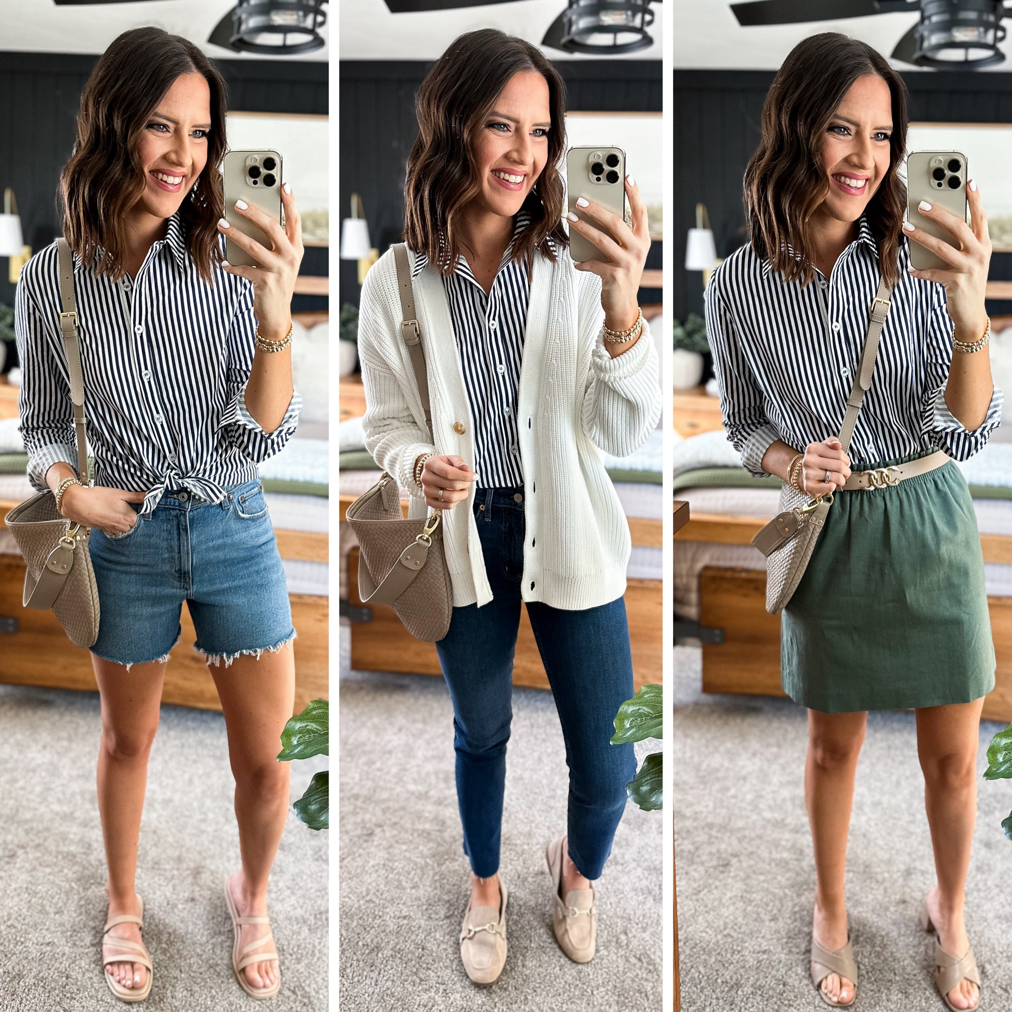 Spring Capsule Wardrobe (Navy Stripe Button Up Styling) 

Button up (small) 
Shorts (size 26) 
Cardigan (medium) 
Dark wash jeans (27 long) 
Skirt (size 2) 


#LTKstyletip #LTKfindsunder100 #LTKfindsunder50