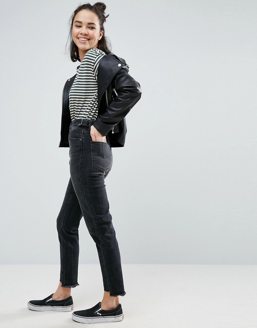 ASOS FARLEIGH High Waist Slim Mom Jeans in Black Breede Wash with Side Tabs and Stepped Hem - Black | ASOS US