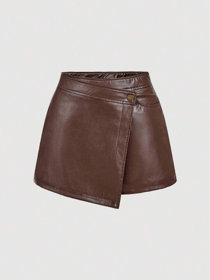 SHEIN MOD Plus Size Retro Brown Asymmetric Layered Shorts - Collegiate Style, 70s, Casual, Comfortable, Commuter, Old Money Aesthetic, Suitable For School, Teaching, And Office Attire, Brown Leather Shorts, Brown Outfit, Short Outfits, Boots On The Ground Outfit, 70s Outfit,Brown Skirt | SHEIN