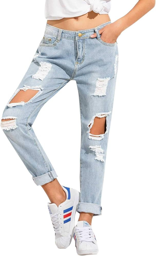 SweatyRocks Women's Ripped Boyfriend Jeans Distressed Denim Ankle Length Jeans | Amazon (US)