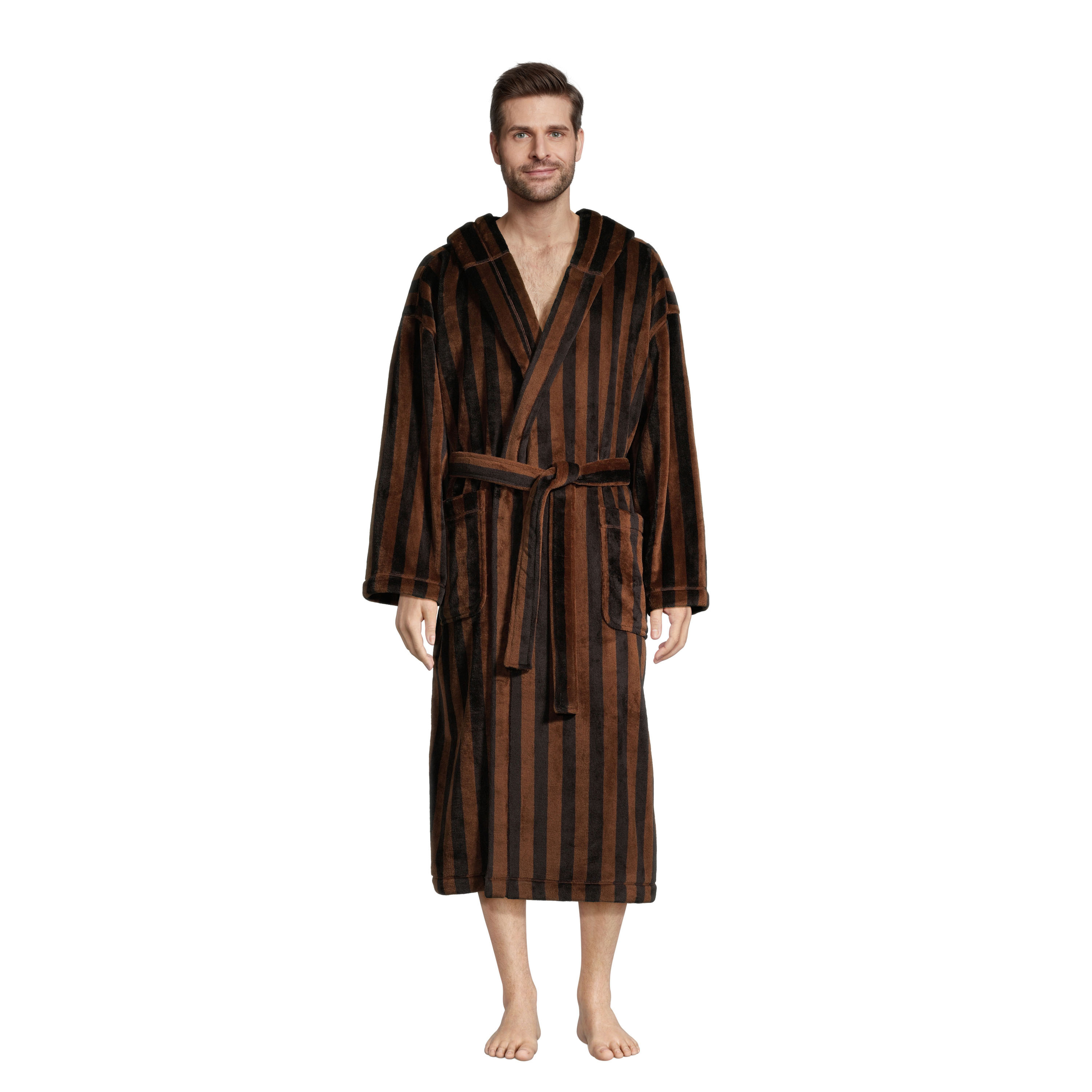 Black and Brown Fleece Stripe Men's Robe with Hood | World Market