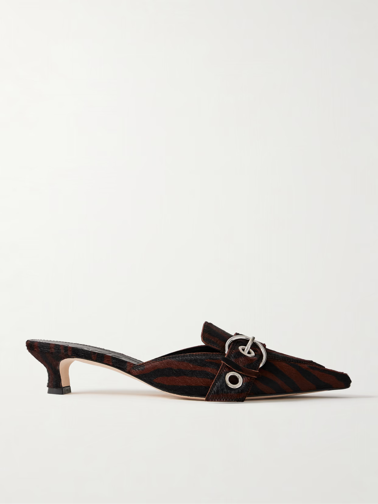 Aeyde - Danielle Buckle-embellished Zebra-print Pony Hair Mules - Brown | NET-A-PORTER (US)