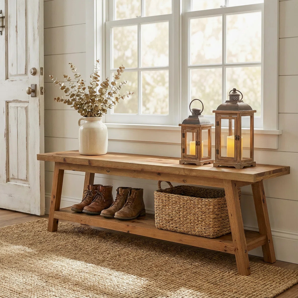Solid Wood 63"Shoe Bench With 2-Tier Storage, Rustic Entryway Bench For Hallway,  Farmhouse Style | Wayfair North America