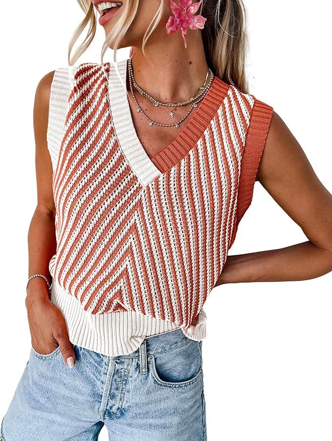 MARZXIN Womens Sleeveless Sweater V Neck Casual Strawberry Pink Contrast Chevron Knit V Neck Swea... | Amazon (US)