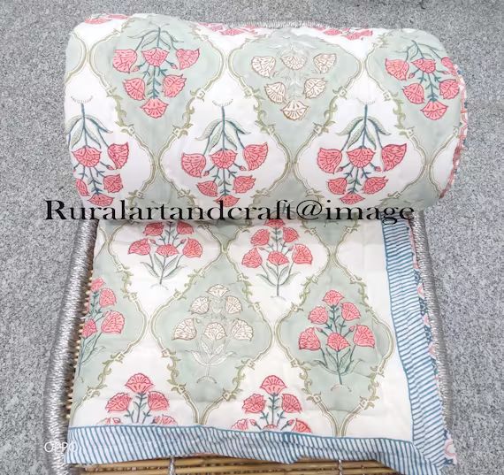 New Design Quilt Handmade Floral Print Quilt Reversible Block Print Quilt Blanket Kantha Throw  K... | Etsy (US)