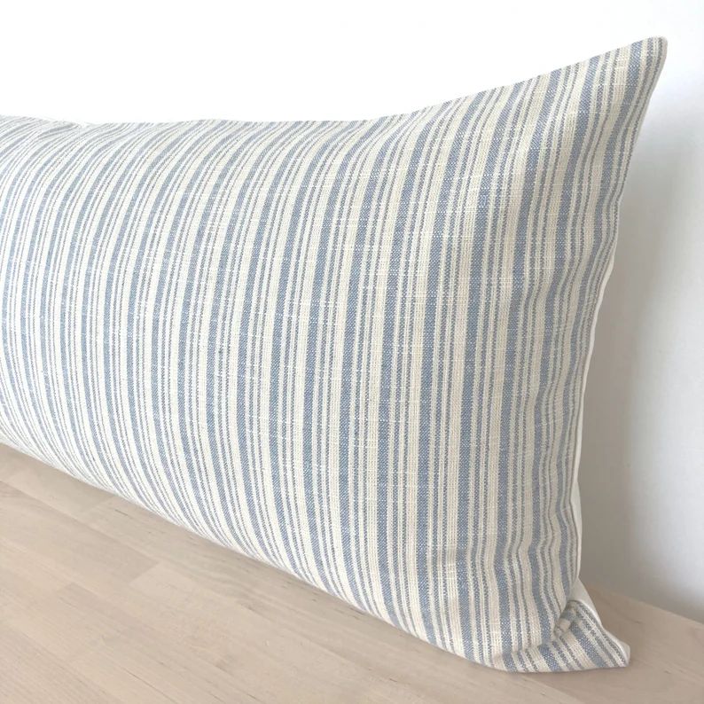 Blue Striped Extra Long Lumbar Pillow Cover, Blue Cream Textured Long Throw Pillow, Modern Coasta... | Etsy (US)