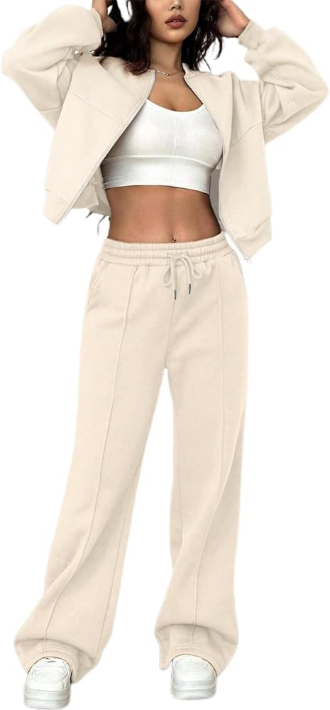 LovelyWholesale Women Sweatsuits 2 Piece Set Zip Up Sweatshirt and Wild Leg Sweatpants Set | Amazon (US)