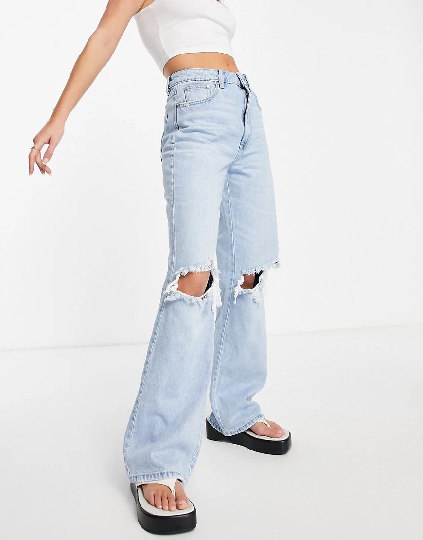 Stradivarius 90s dad jeans with rips in light wash-Blues | ASOS (Global)