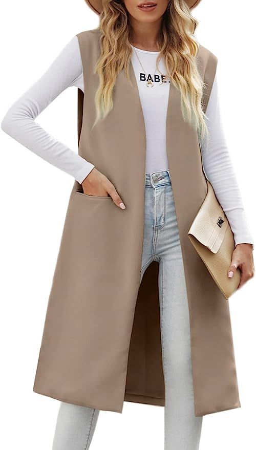 Asvivid Womens Long Sleeveless Blazers Casual Open Front Office Blazers Jackets Work Suit Vest | Amazon (US)