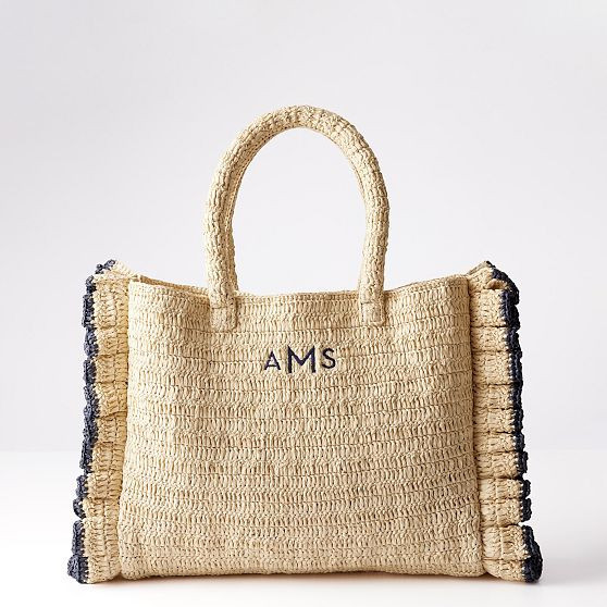 Sofia Ruffle Raffia Tote, Navy | Mark and Graham