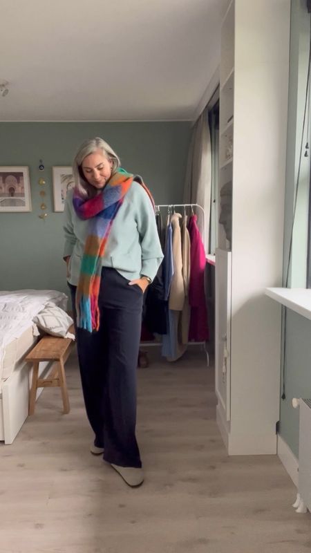 30 days of fall outfits 

Favorite wireless bra and the best basic white t-shirt. Light turquoise soufflé knitted cardigan, long length navy crepe trousers. Birkenstock Boston clogs and colorful plaid scarf. 

#LTKeurope #LTKover40 #LTKmidsize