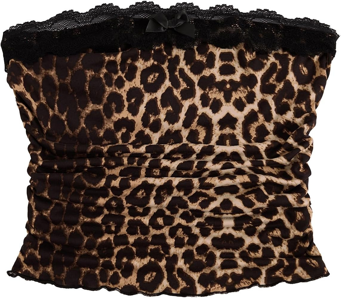 Floerns Women's Cheetah Print Tube Tops Shirt Y2k Lace Strapless Going Out Tank Tops | Amazon (US)