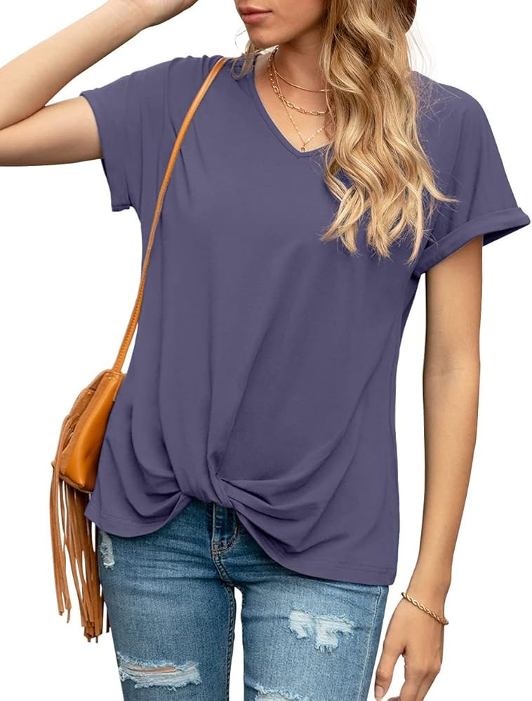 Iandroiy Women's Comfy Casual Summer Tops Short Sleeve V Neck Blouses T Shirts Twist Knot Tees | Amazon (US)