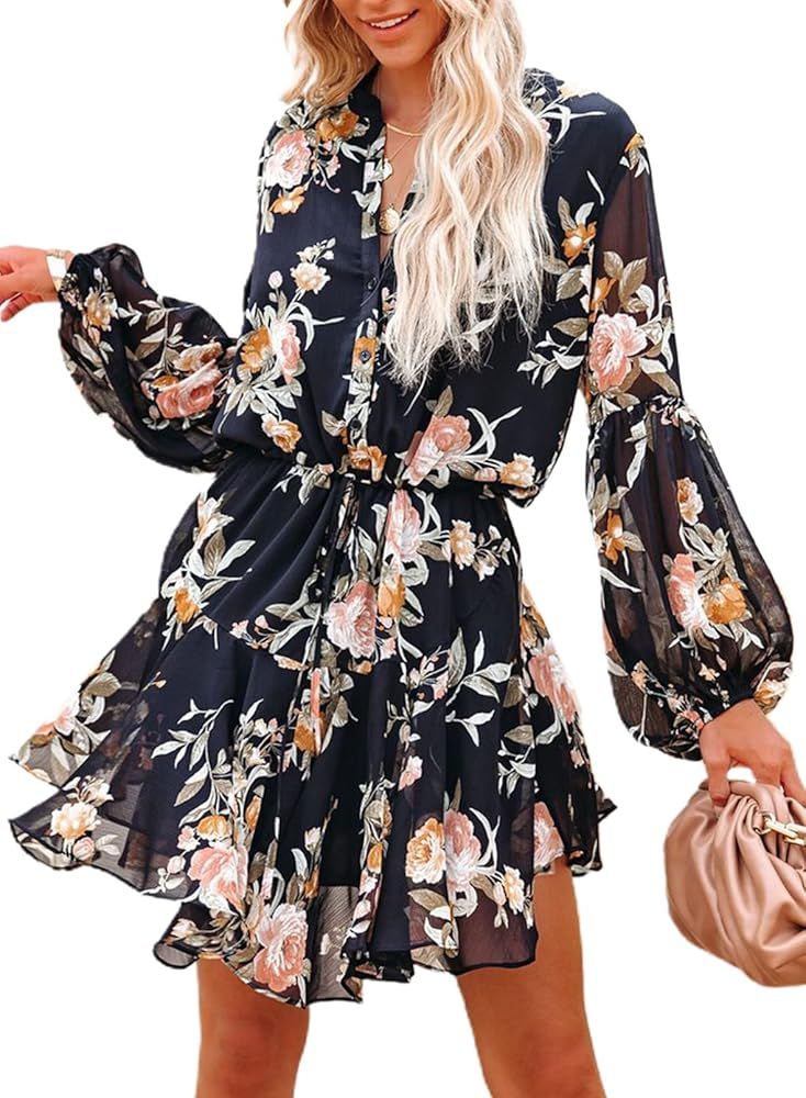 Womens Fall Summer Ruffle Lantern Sleeve Button Down Tie Waist Floral Print Swing Mini Dress | Amazon (US)