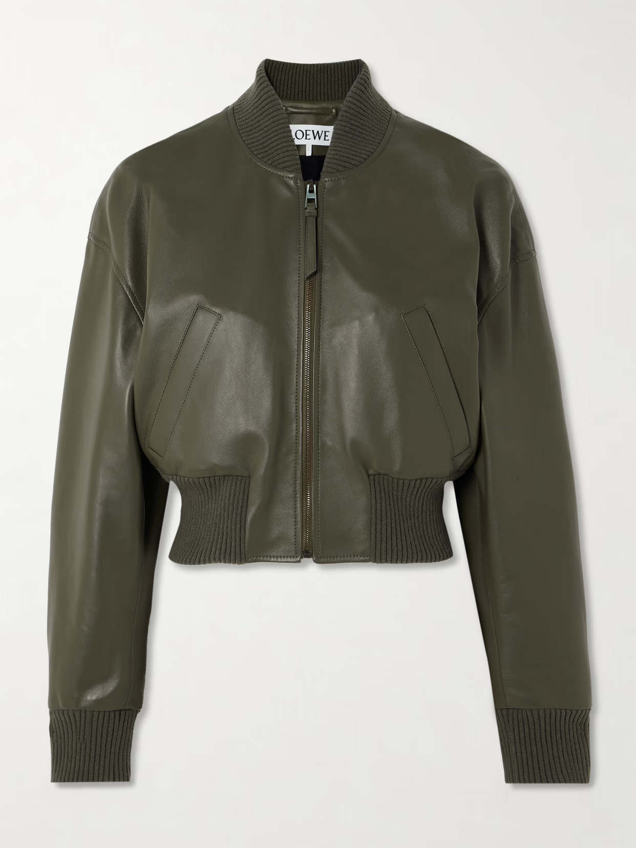 LOEWE - Cropped Leather Bomber Jacket - Green | NET-A-PORTER (US)