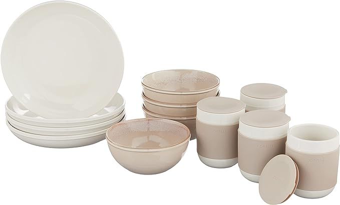 Corelle Stoneware 16-Pc Dinnerware Set, Handcrafted Artisanal Double Bead Plates, Meal Bowls, Bow... | Amazon (US)