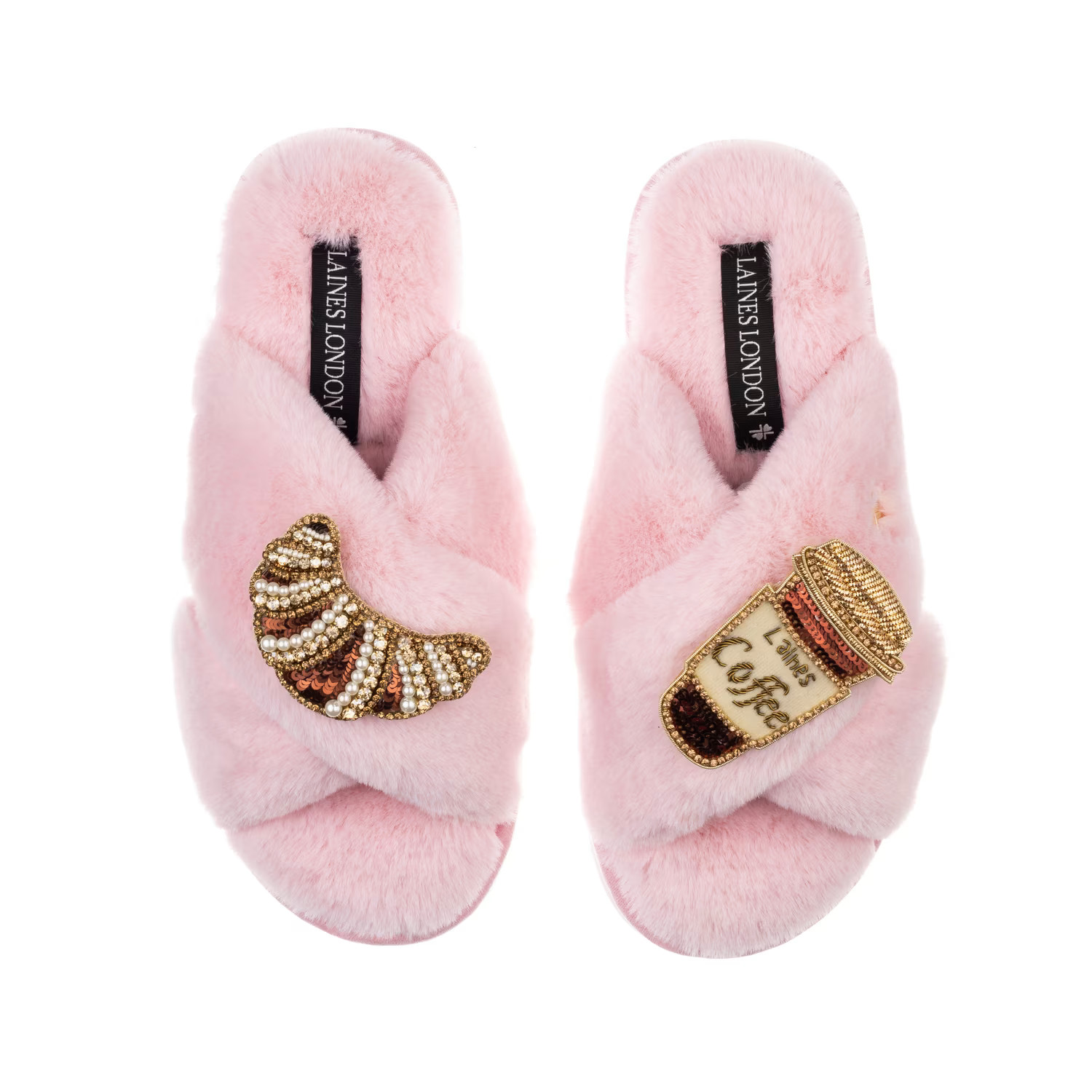 Classic Laines Slippers With Coffee Cup & Croissant Brooches - Pink | Wolf & Badger