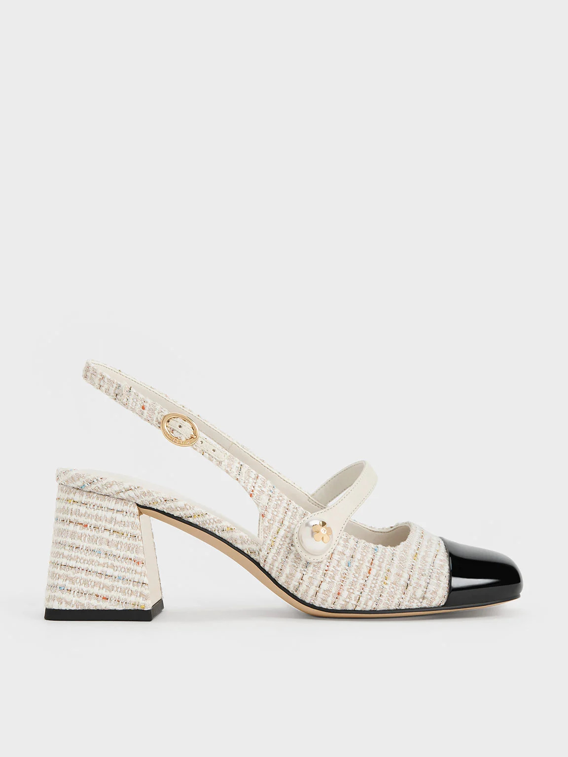 Cream Aeryn Tweed Pearl-Embellished Slingback Pumps | CHARLES & KEITH | Charles & Keith US